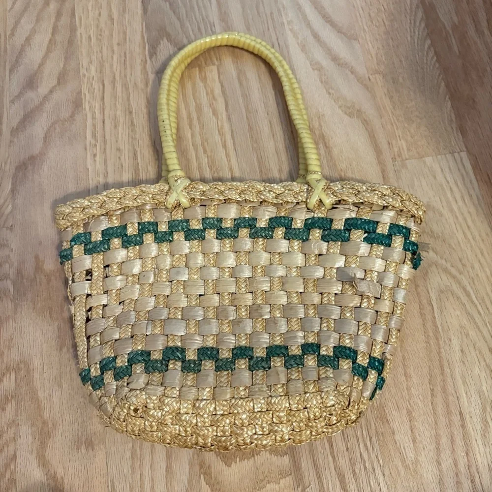 Small Vintage 1960s French Woven Golden Straw Child's Basket Red Flower Retro